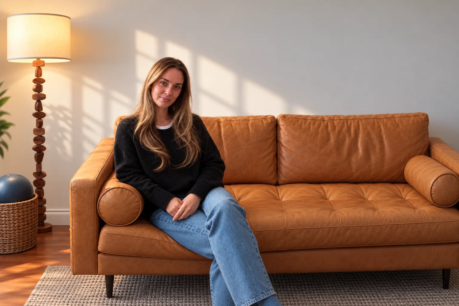 Fiona Simonian seated on a caramel leather sofa